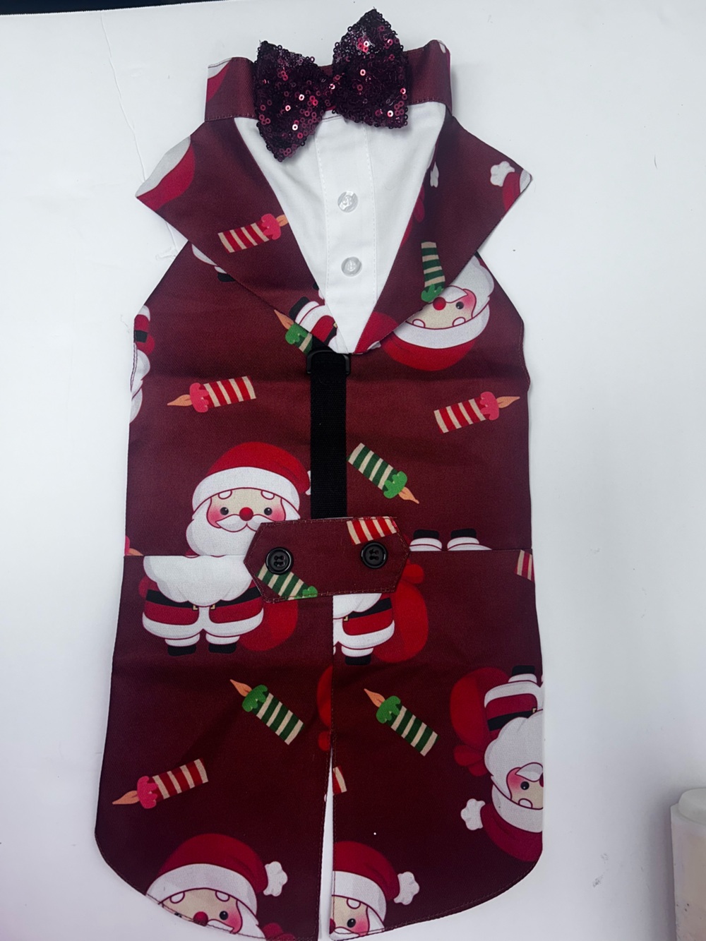 Santa Print Dog Tuxedo with Sequin Bow Tie - Burgundy medium
